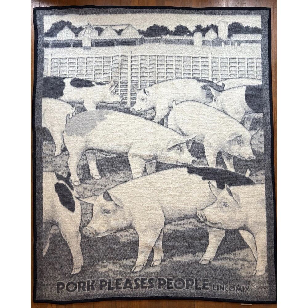 Vintage Biederlack Blanket 85% Acrylic USA 73"x51" Pigs "Pork Pleases People"